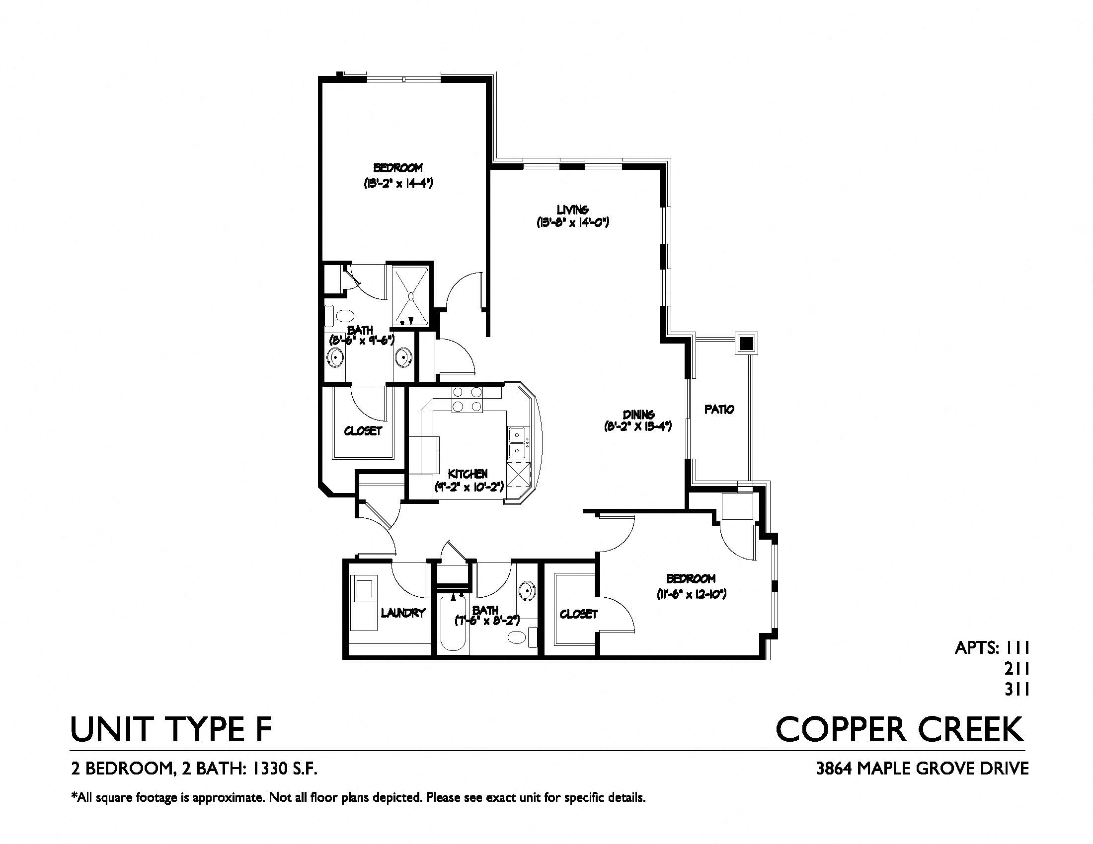 Floor plan for 2 beds, 2 baths, 1330 sqft